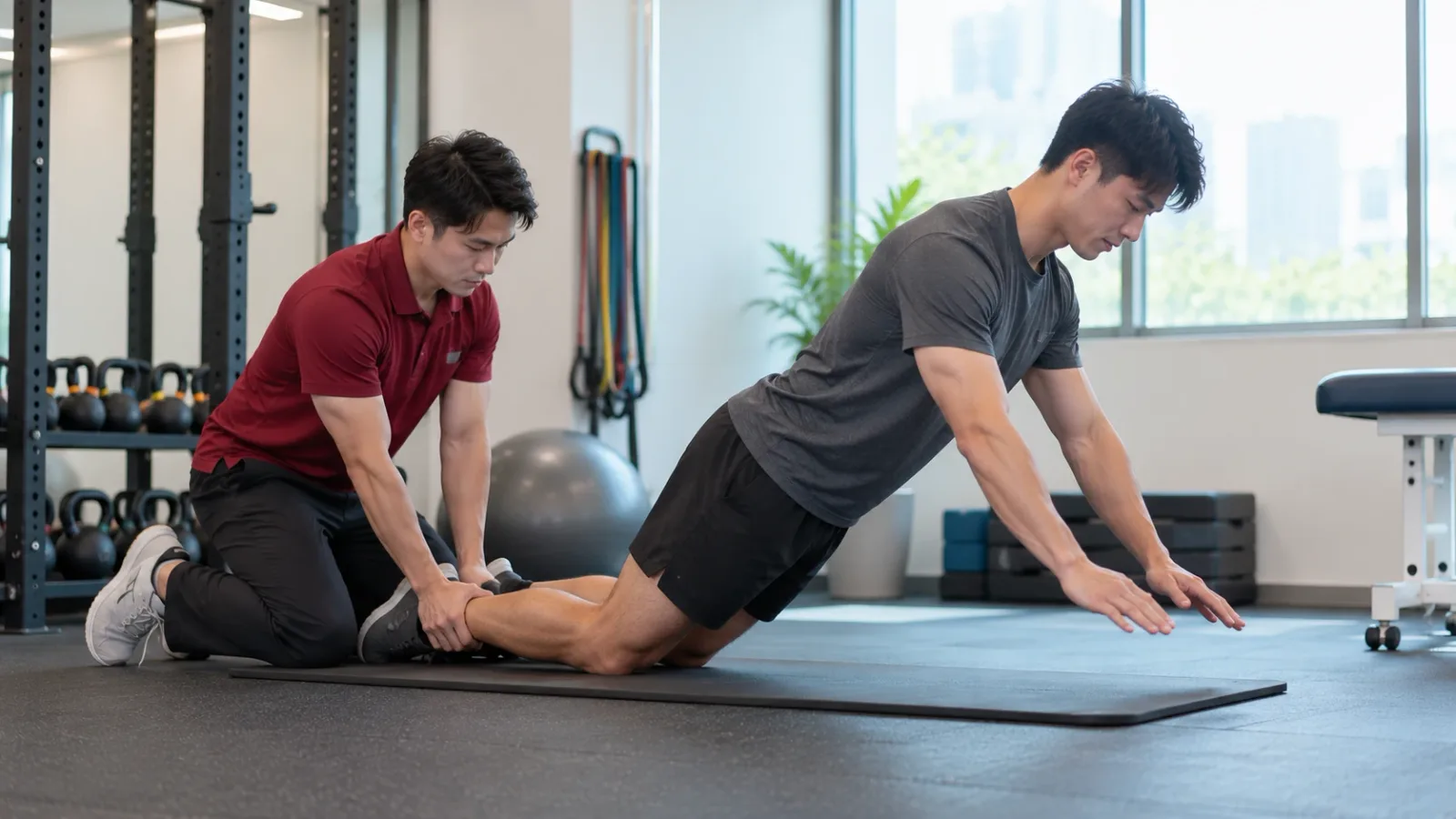 A patient performs a Nordic hamstring curl, lowering under control while a physiotherapist holds his ankles