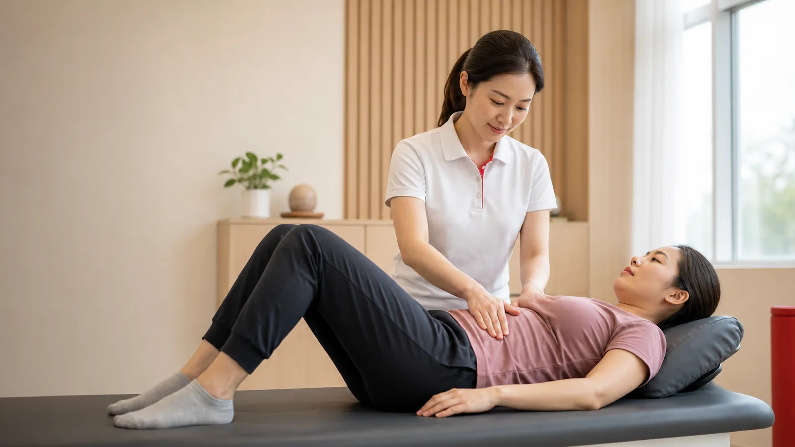 Physiotherapist assessing a patient with post-pregnancy abdominal muscle separation (dram) 腹直肌分离