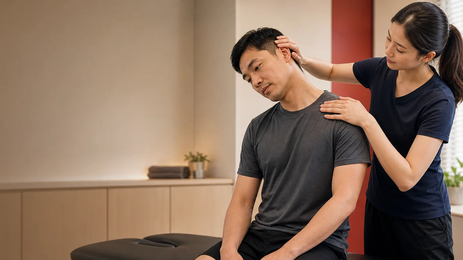 Physiotherapist assessing a patient with wry neck (acute torticollis) 斜颈