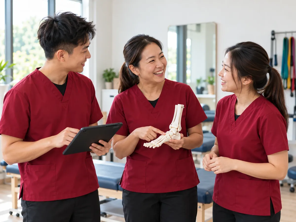 A senior clinician laughing with two younger clinicians over a foot model