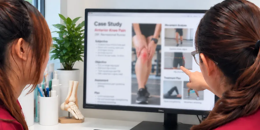 A mentor and a physio going through a knee pain case study on screen