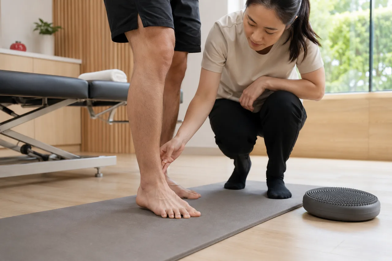 Podiatrist performing barefoot training with a patient at Physio & Sole Clinic