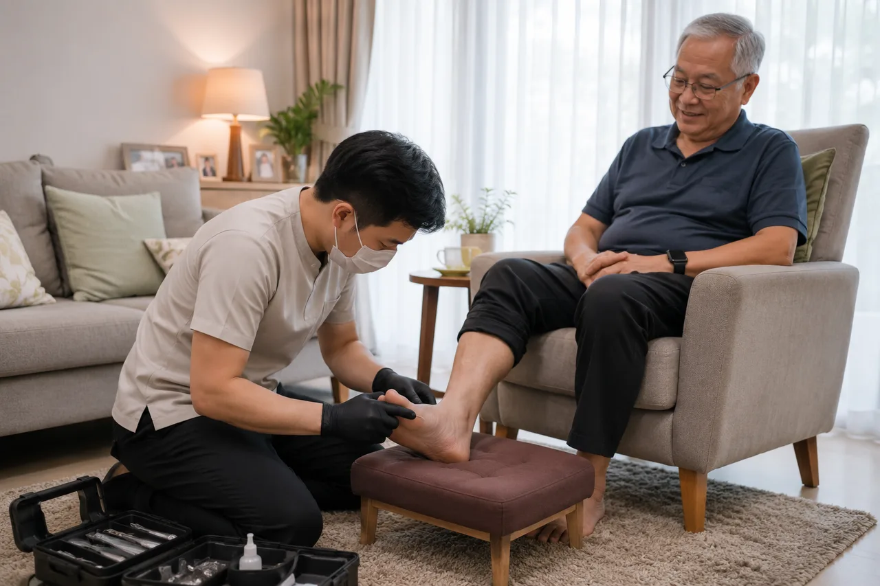 Podiatrist performing podiatry home visits with a patient at Physio & Sole Clinic