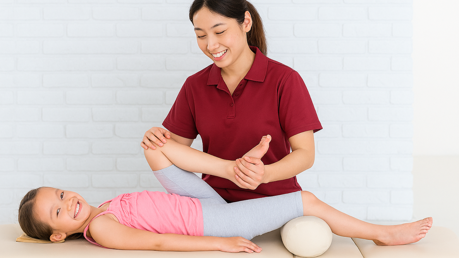 Physiotherapist helping a young girl with knee exercises to treat Osgood-Schlatter’s Disease.