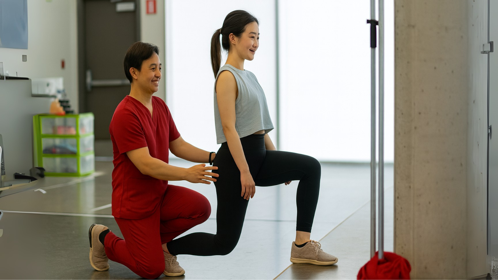 Physio & Sole sports physiotherapist in red scrubs guiding a patient through a lunge exercise indoors, demonstrating alignment and support for active recovery in Singapore.