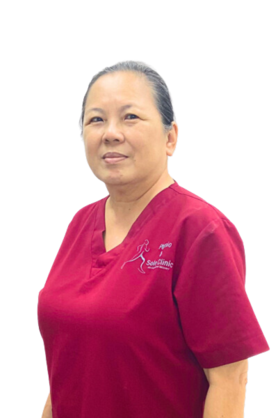 Physio and Sole Clinic Sports Massage Therapist Maureen in red scrubs