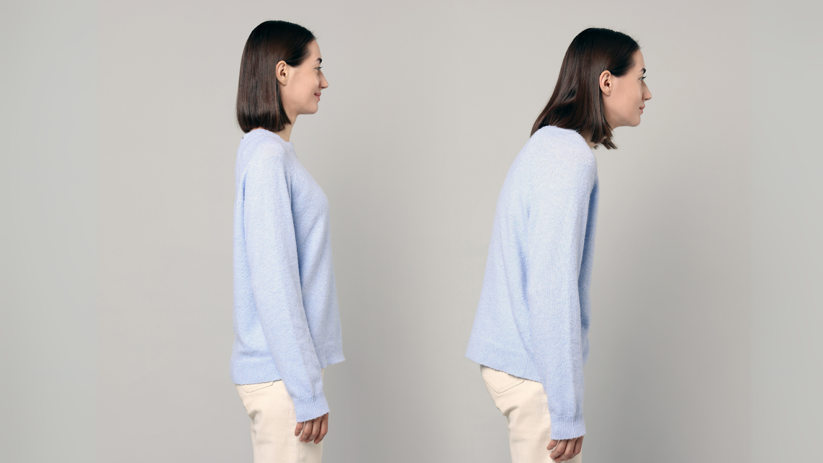 Two images of the same woman showing correct upright posture versus a slouched, forward-leaning posture.