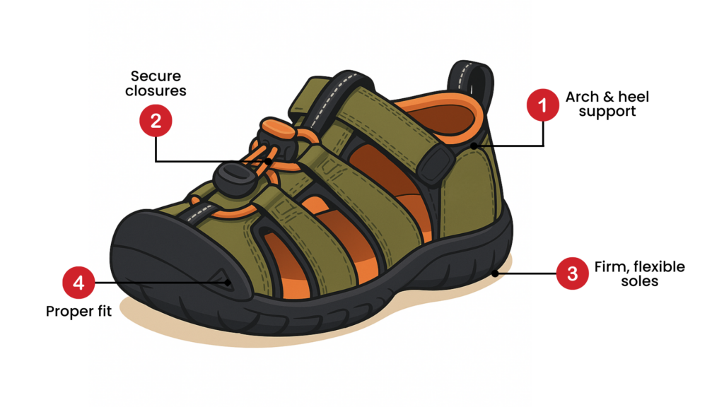 Illustration of a structured children’s sandal highlighting four ideal shoe features: arch and heel support, secure closures, firm flexible soles, and proper fit—recommended by podiatrists for growing