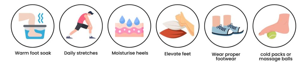 Infographic of home remedies for senior foot pain: foot soak, stretching, elevation, proper footwear