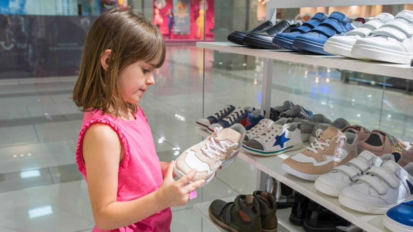 Child shopping for supportive footwear – proper shoe choices play a big role in podiatry care for active kids.