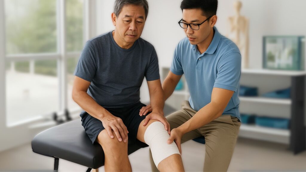 Physiotherapist supporting a senior male patient during post-surgery knee rehabilitation in Singapore