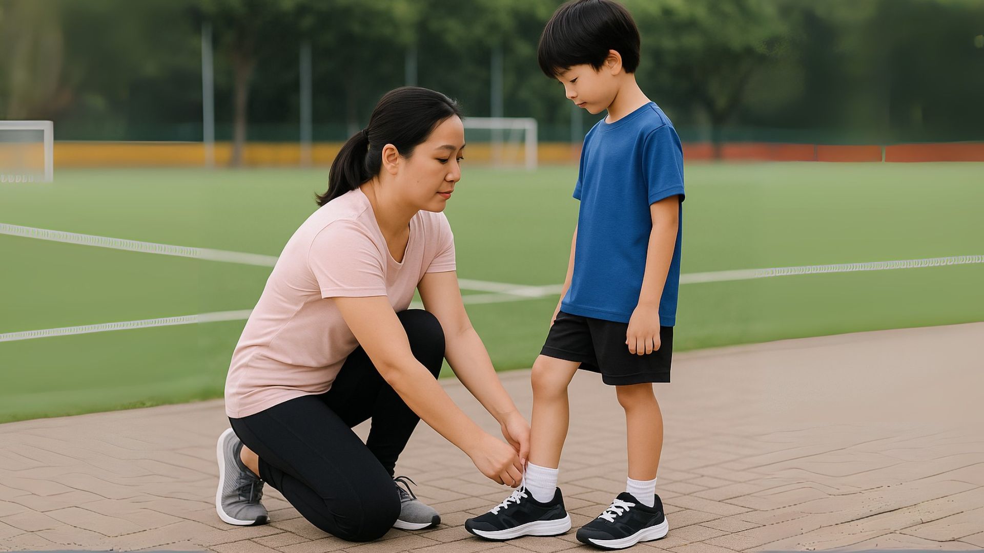 Singaporean mother helping son who experiences heel pain after running, possibly due to Sever’s Disease.