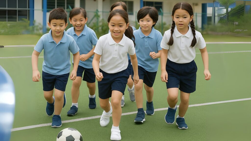 Group of active Singaporean schoolchildren running on a soccer field, a common group affected by Sever’s Disease.