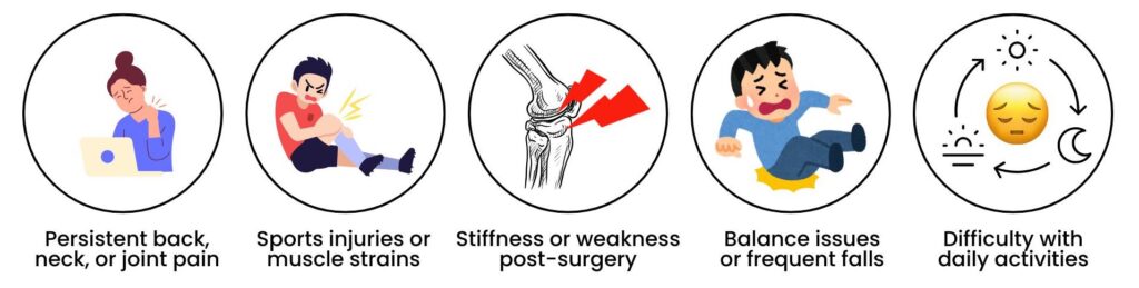 Common conditions treated by physios in Singapore including pain, strains, stiffness, and balance issues