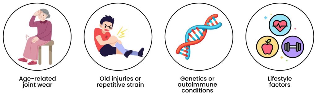  Illustrations showing causes of arthritis pain: aging, injury, genetics, and lifestyle factors.