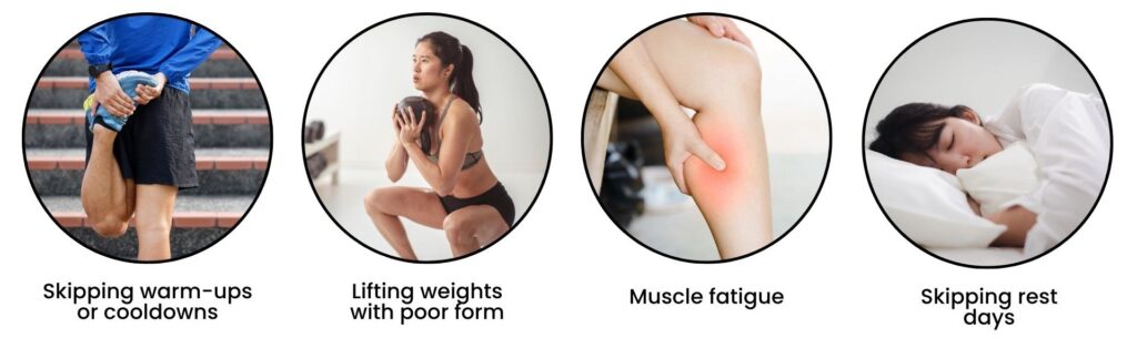 Visual guide showing common causes of muscle strains such as skipping warm-ups, lifting with poor form, and muscle fatigue.