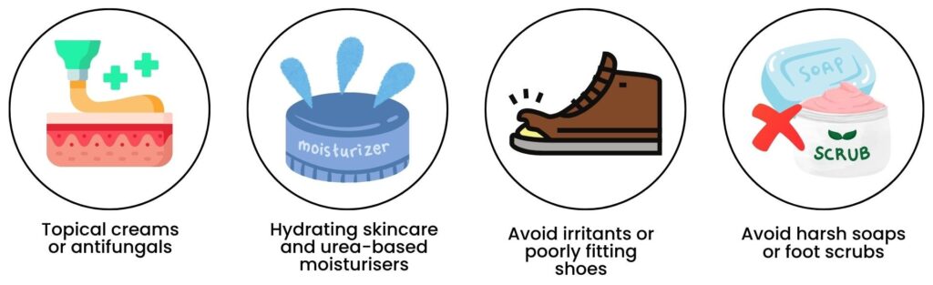 Foot care prevention icons including moisturiser, socks, and antifungal cream to manage peeling