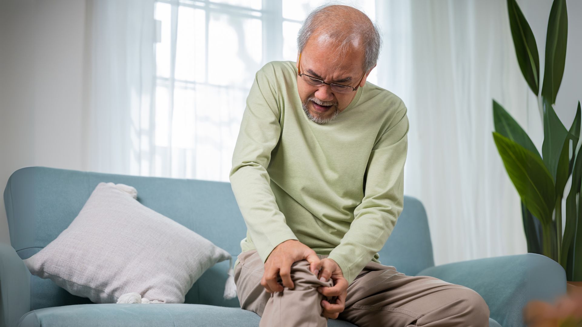 Senior man sitting on a sofa and clutching his knee, showing signs of arthritis and joint pain.