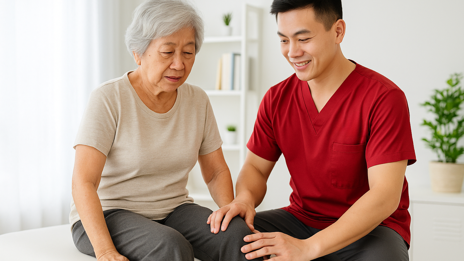 Elderly woman receiving knee assessment from physiotherapist in red uniform, focusing on arthritis management.