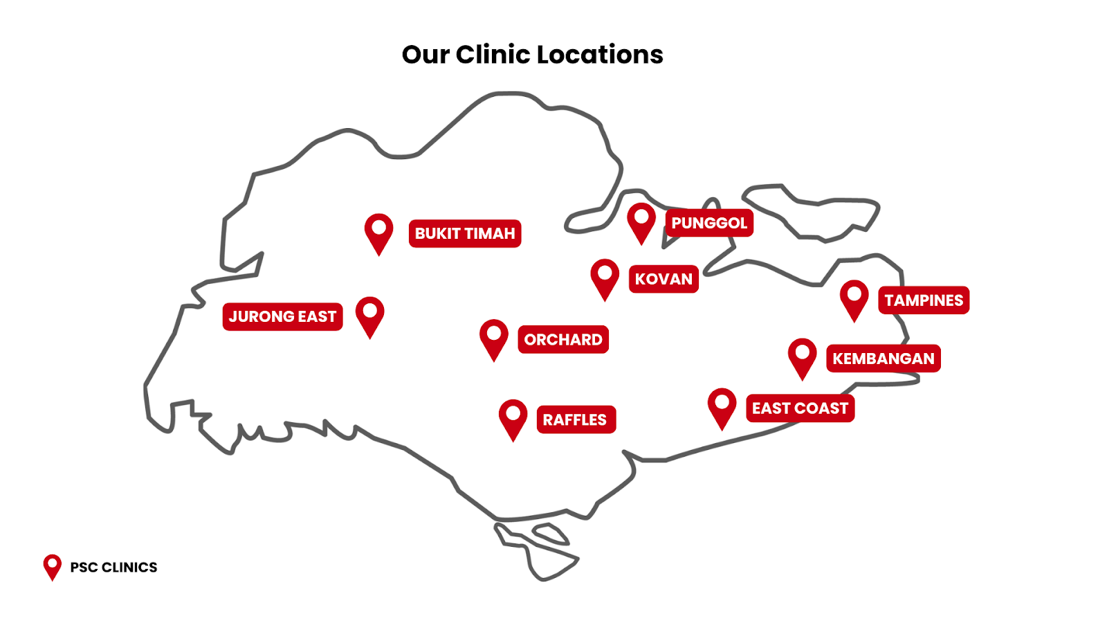 Map of Physio & Sole Clinic locations across Singapore for accessible post-surgery rehabilitation care