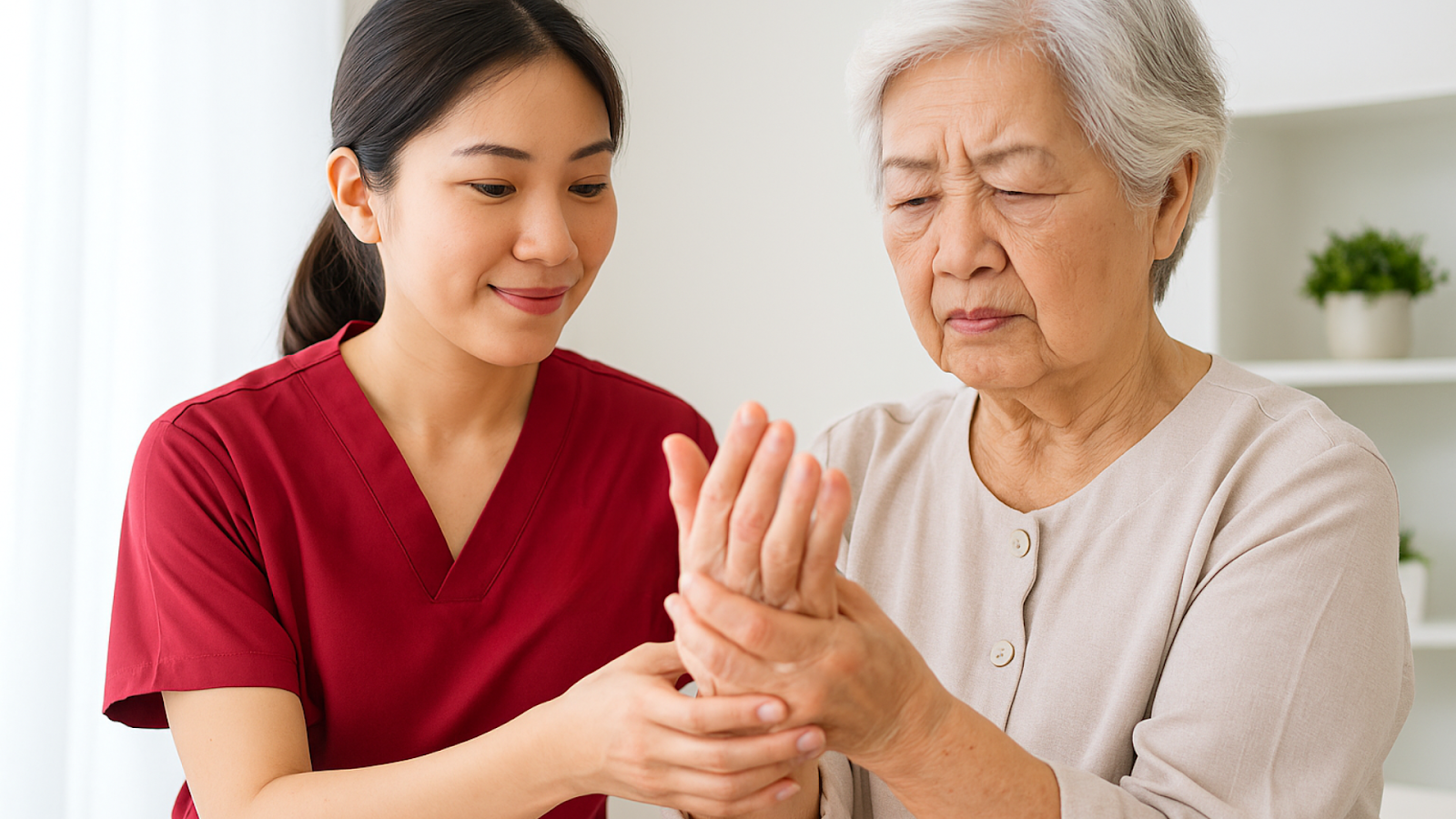 Female physiotherapist treating arthritis in a senior’s hand, offering pain relief and mobility support.