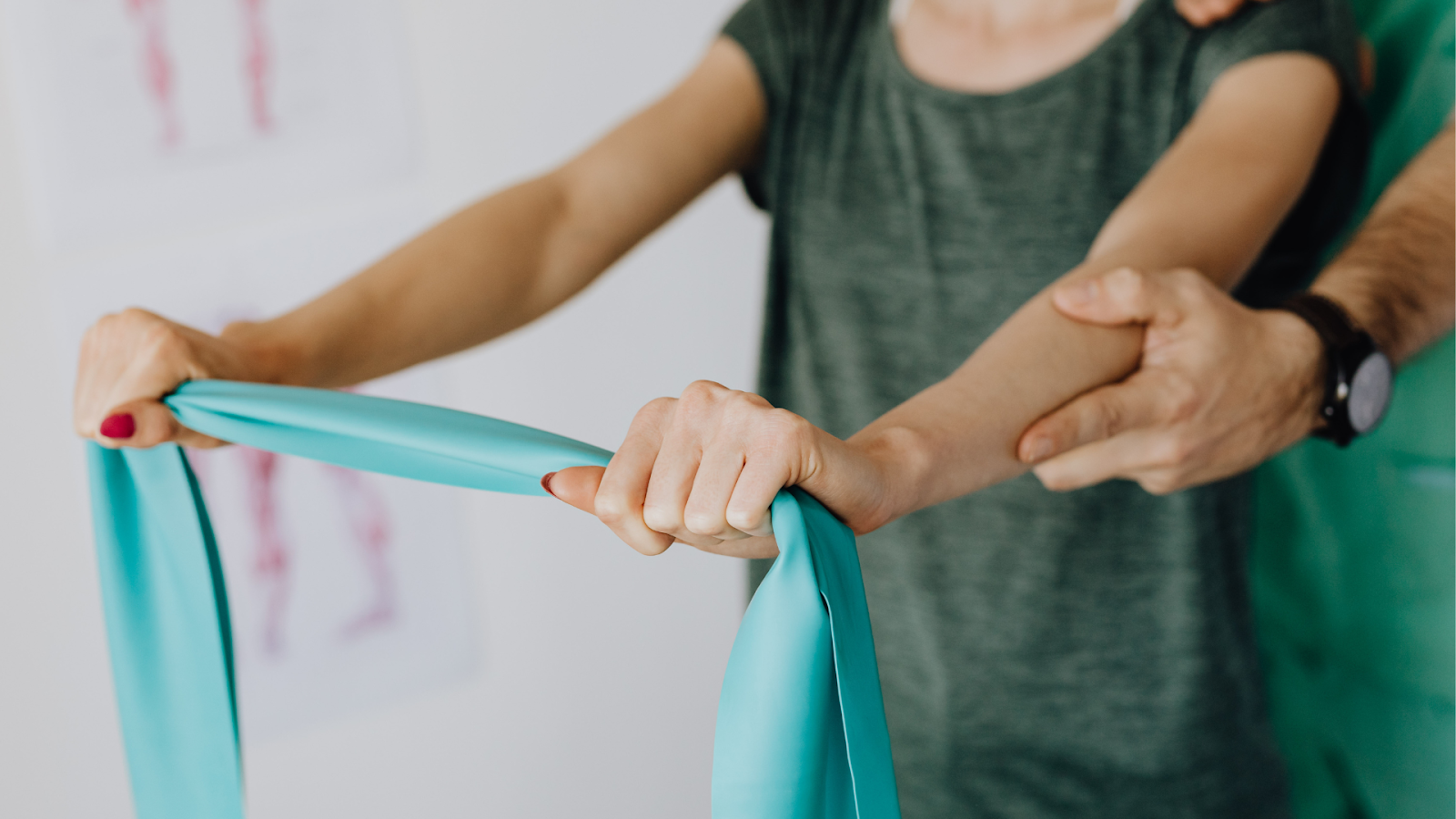 Close-up of patient performing resistance band exercise during upper limb rehabilitation in Singapore