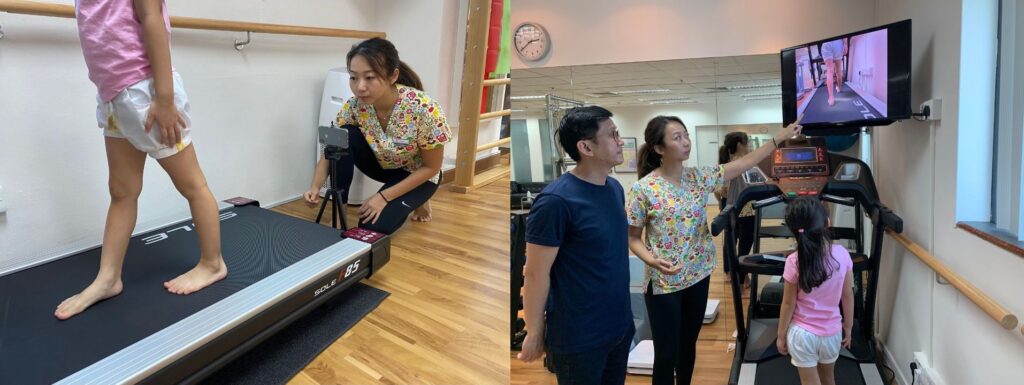 Podiatrists reviewing treadmill gait video analysis with child and parent.
