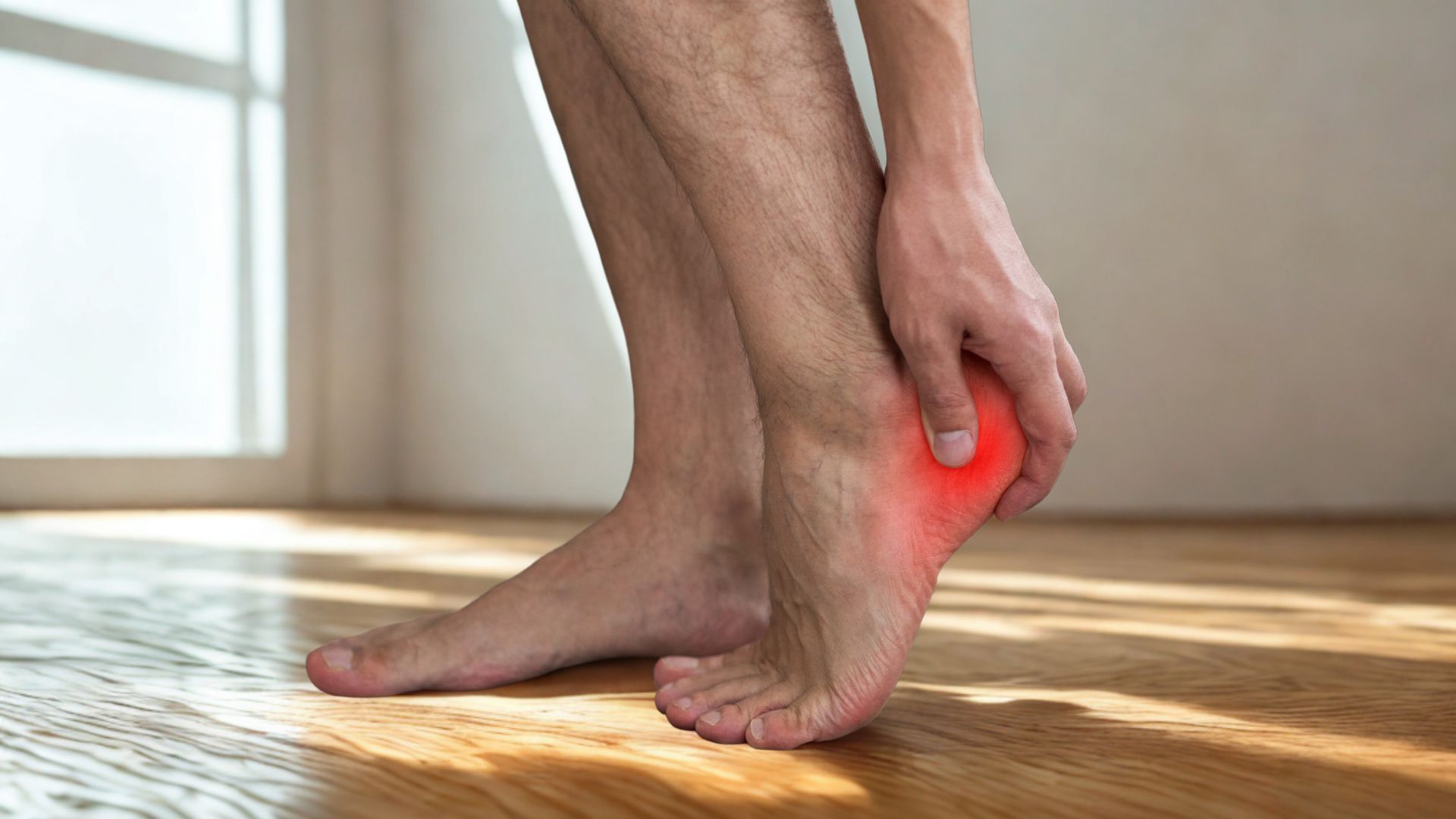 Man holding heel in pain, highlighting plantar fasciitis symptoms