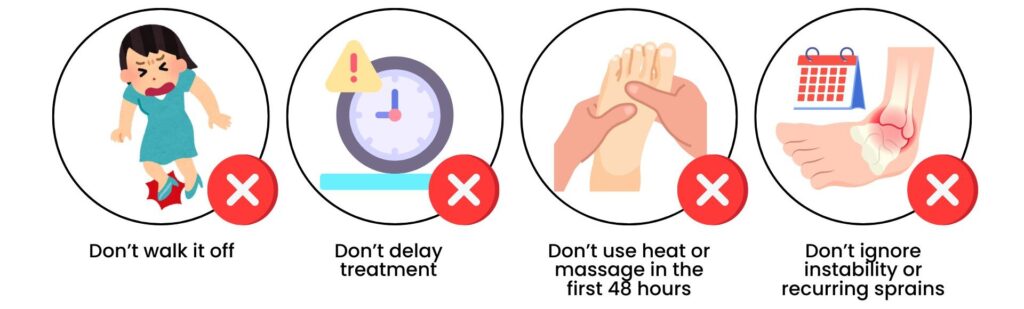 Common mistakes to avoid after an ankle sprain such as walking it off or delaying care.