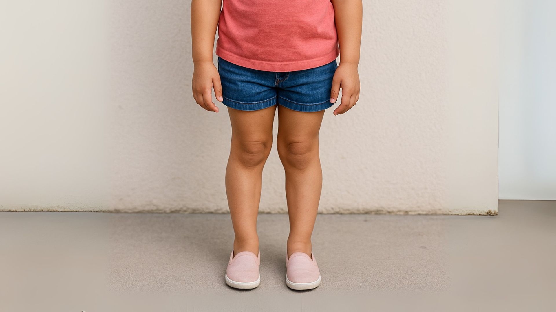 A young child standing with legs slightly apart, showcasing a potential case of knock knees.