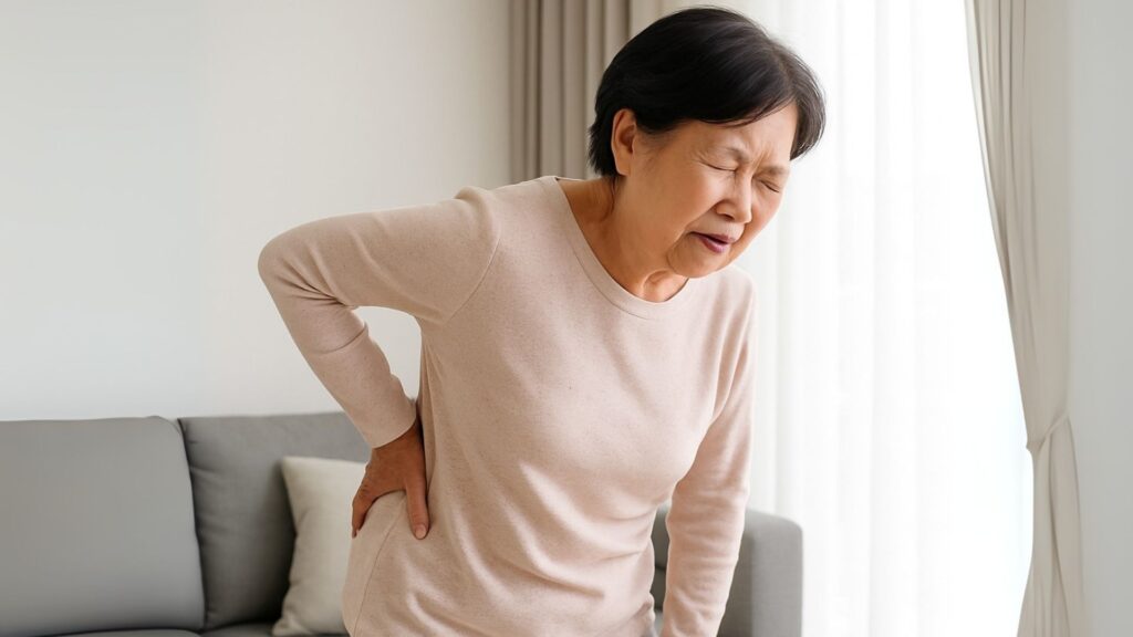 Older woman experiencing back pain, a common symptom of osteoporosis