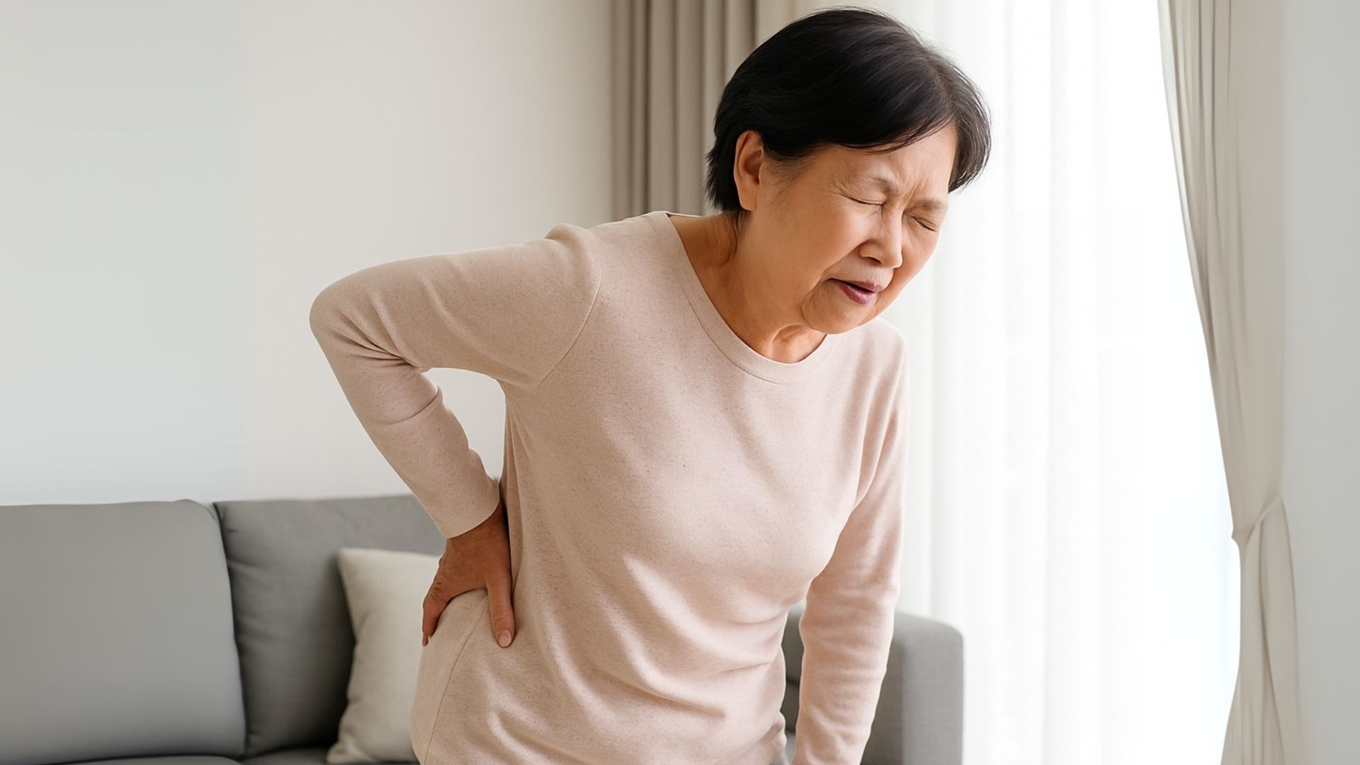 Older woman experiencing back pain, a common symptom of osteoporosis