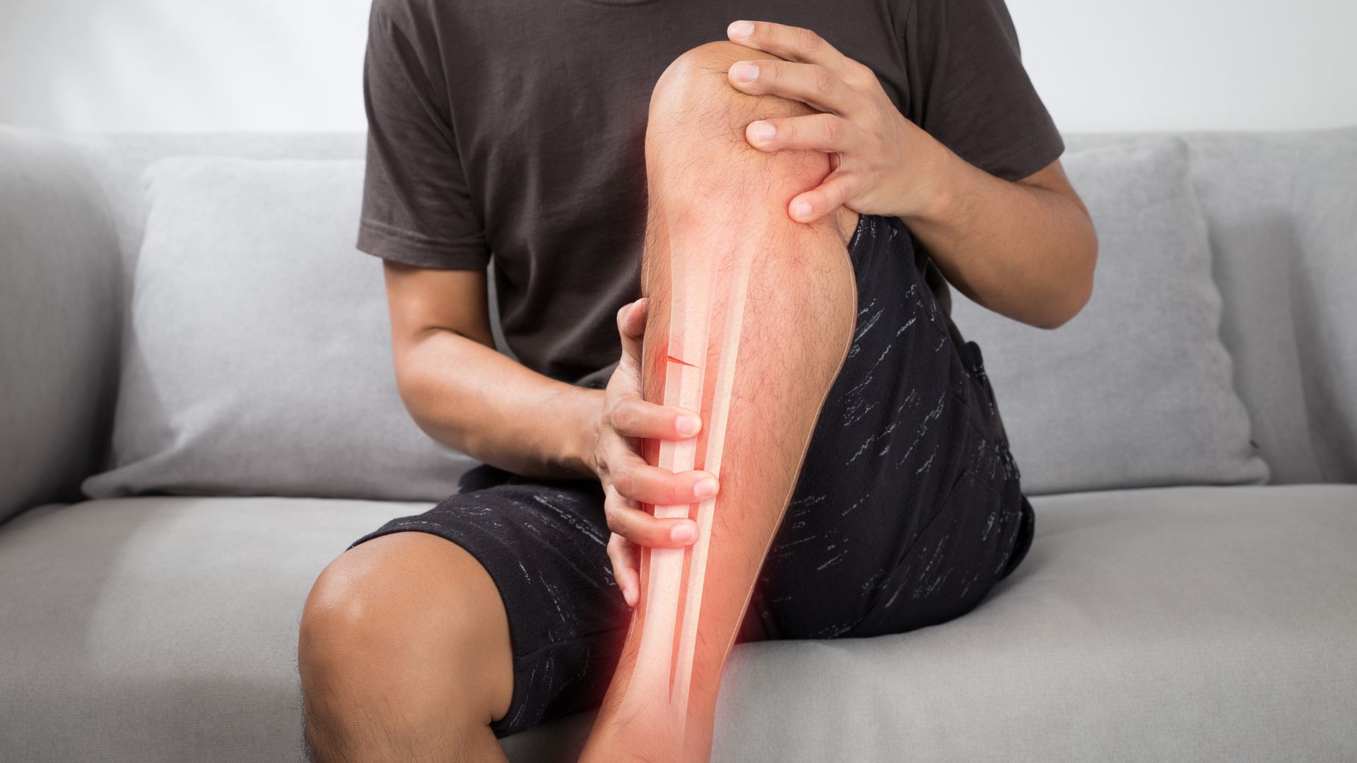 Person holding shin with an illustration overlay showing a tibial stress fracture.