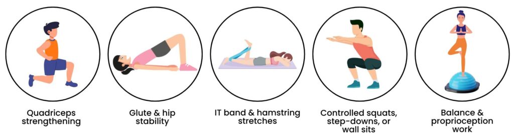 Exercises for patellofemoral pain syndrome including quadriceps and glute strengthening