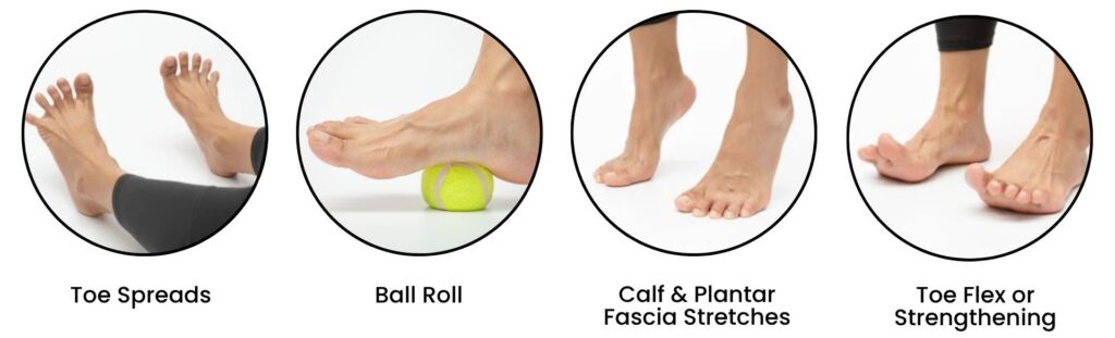 Foot exercises for relieving symptoms of Morton's Neuroma, including toe spreads and ball roll.
