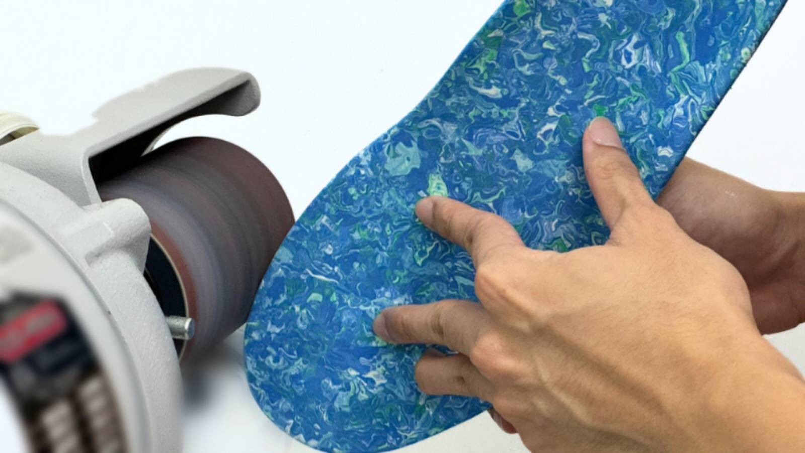 Close-up of custom orthotic insole being shaped, used to support children with knock knees.
