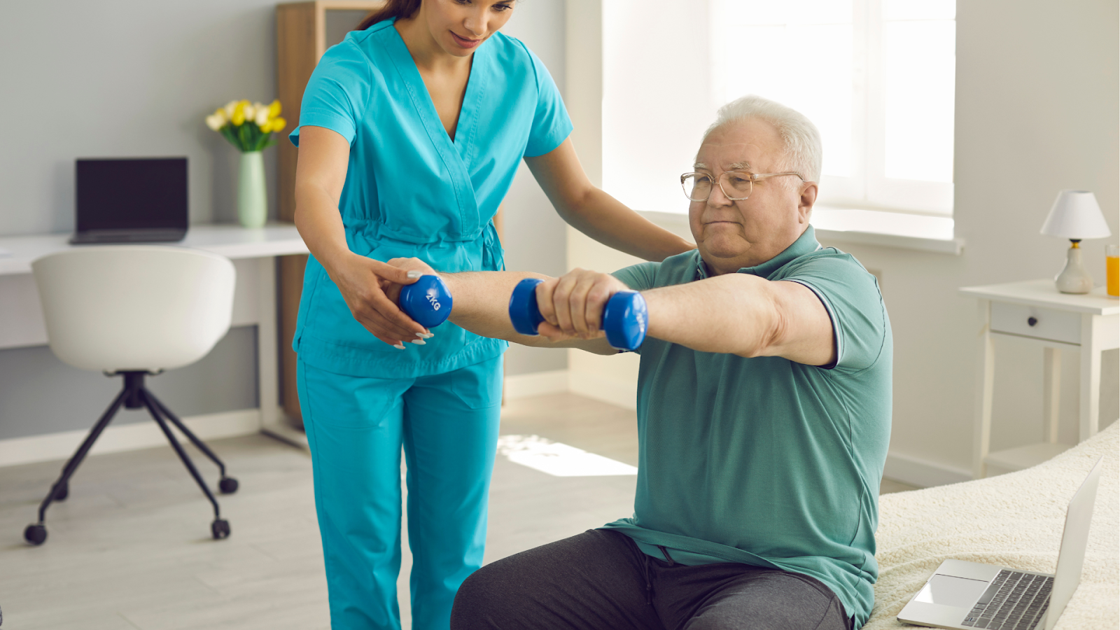 Physiotherapist helping an elderly man with weight training