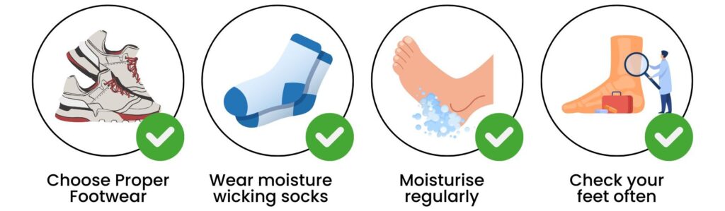 Prevention tips after corn removal treatment in Singapore, including proper footwear, moisture-wicking socks, and regular foot checks.
