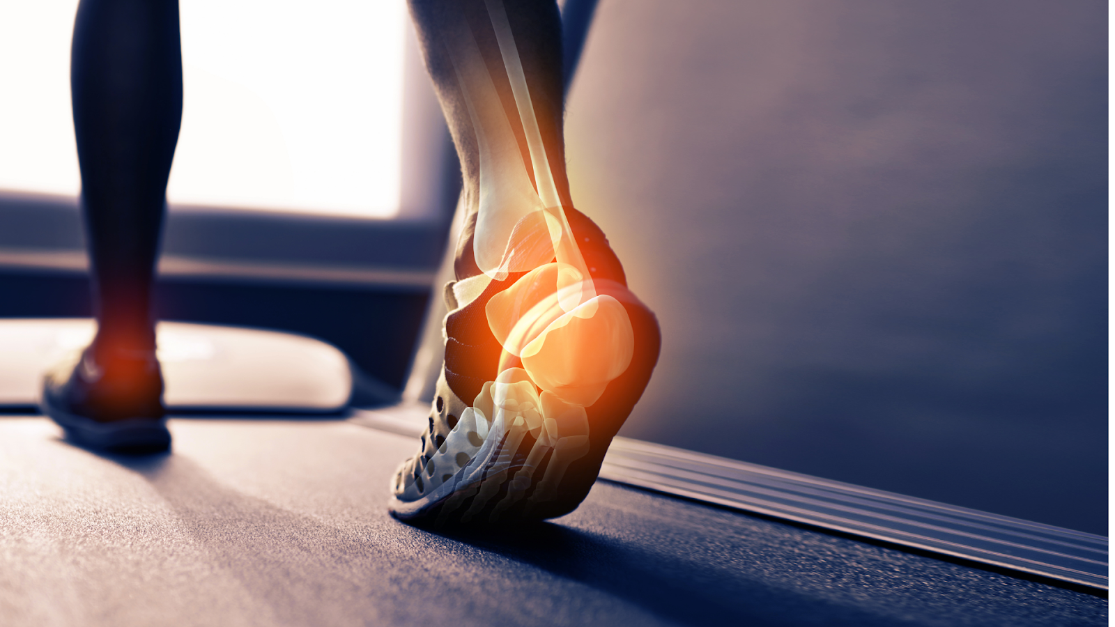 Close-up of a runner’s foot striking the ground with highlighted heel and ankle bones, illustrating the pressure and impact on foot joints — relevant to marathon foot care in Singapore.