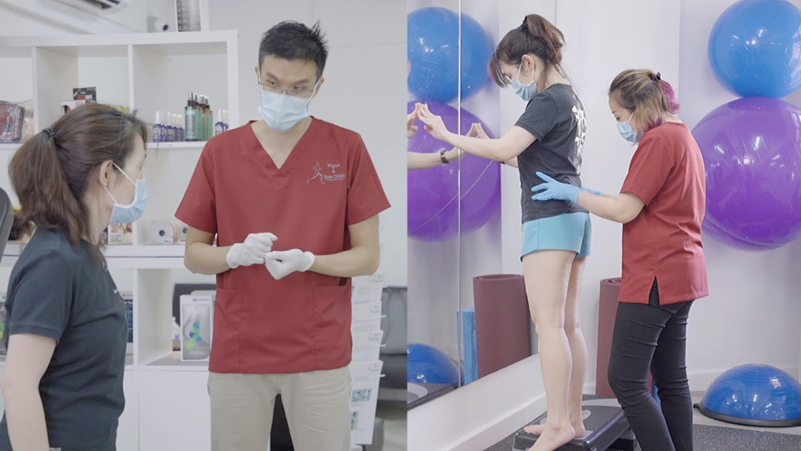 Physiotherapists at Physio & Sole Clinic guiding patients through posture assessment and rehabilitation exercises in a clinical setting.