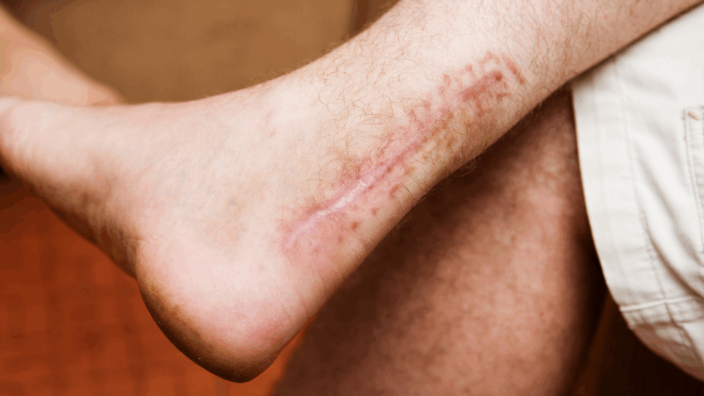 Healed surgical scar on the back of the ankle, showing recovery after Achilles tendon repair surgery.