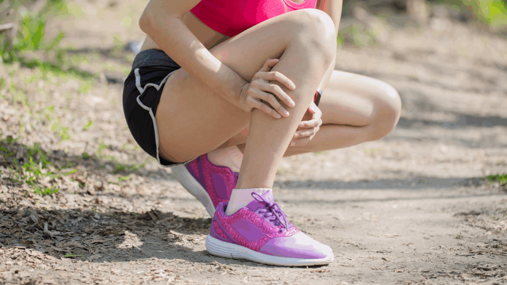 Female runner crouching and holding shin and ankle, showing discomfort linked to Achilles tendonitis.