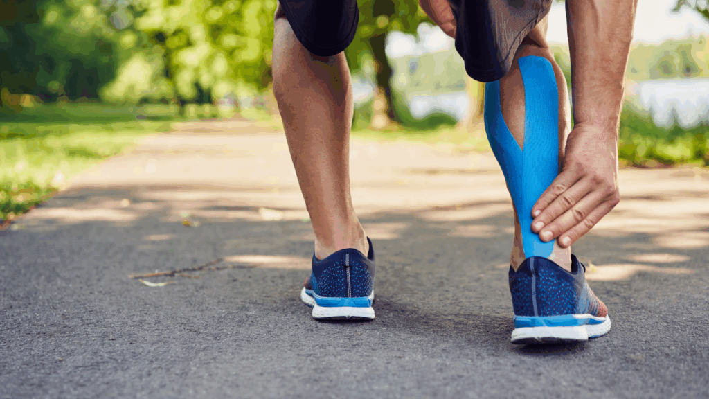 Close-up of runner with blue kinesiology tape on calf, supporting Achilles tendon during exercise.