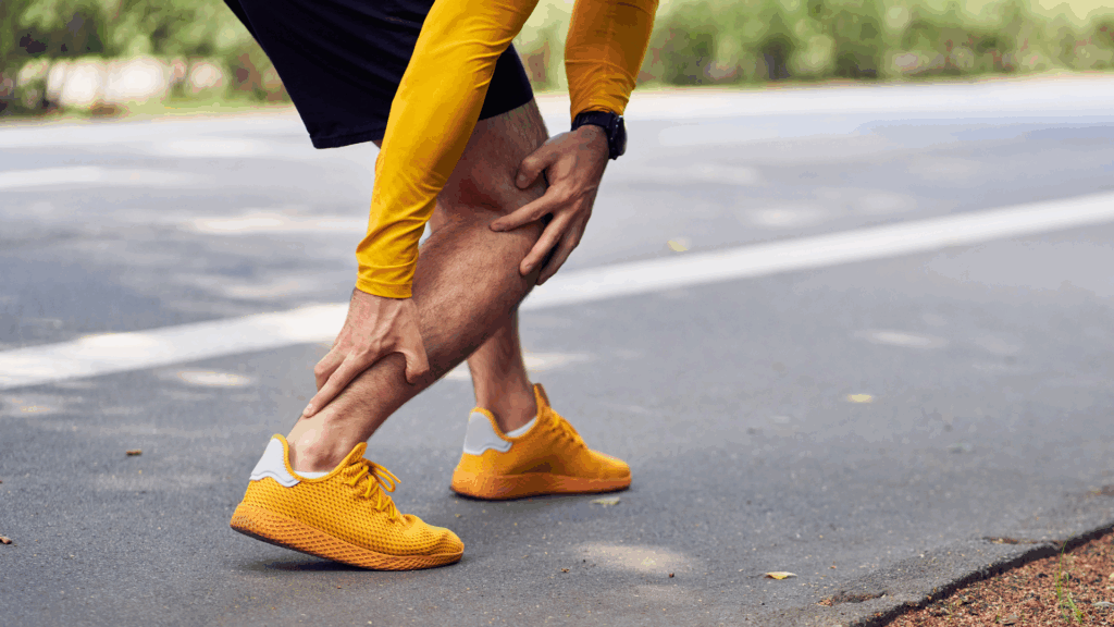 Male runner in bright shoes holding his calf, showing Achilles tendon strain during exercise.