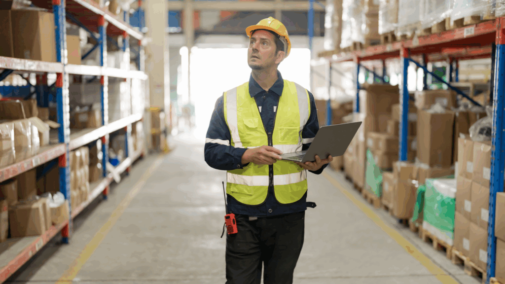 Warehouse worker in safety vest doing inspection, representative of prolonged standing jobs