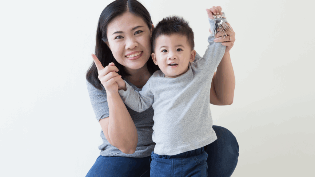 Mother holding child’s hand happily after improvement in pigeon toe