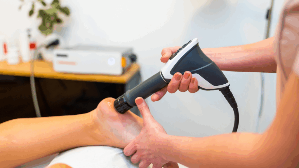 Podiatrists applying shockwave therapy device to a patient’s heel in a clinical setting.