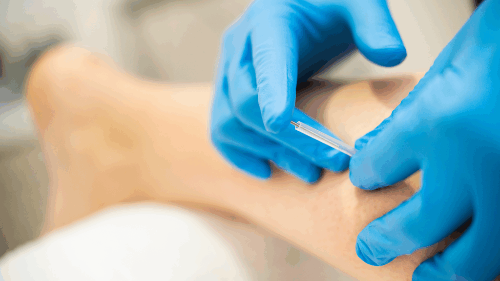 Close-up of a physiotherapist wearing blue gloves inserting a sterile needle into a patient's leg during dry needling treatment.