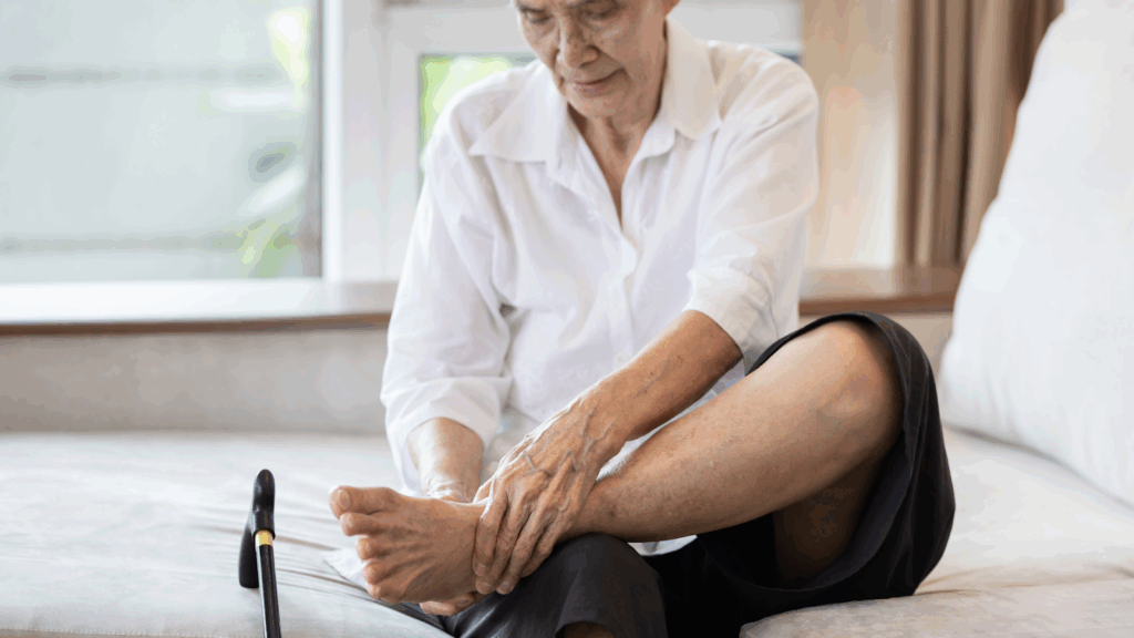 Elderly person sitting on a sofa holding their ankle due to foot pain.