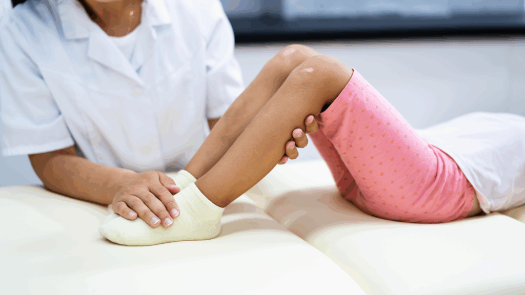 Physiotherapist examining child’s legs for pigeon toe assessment